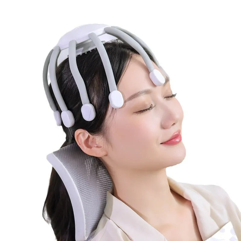 Black eight-claw head massager with flexible silicone tips and USB cable.