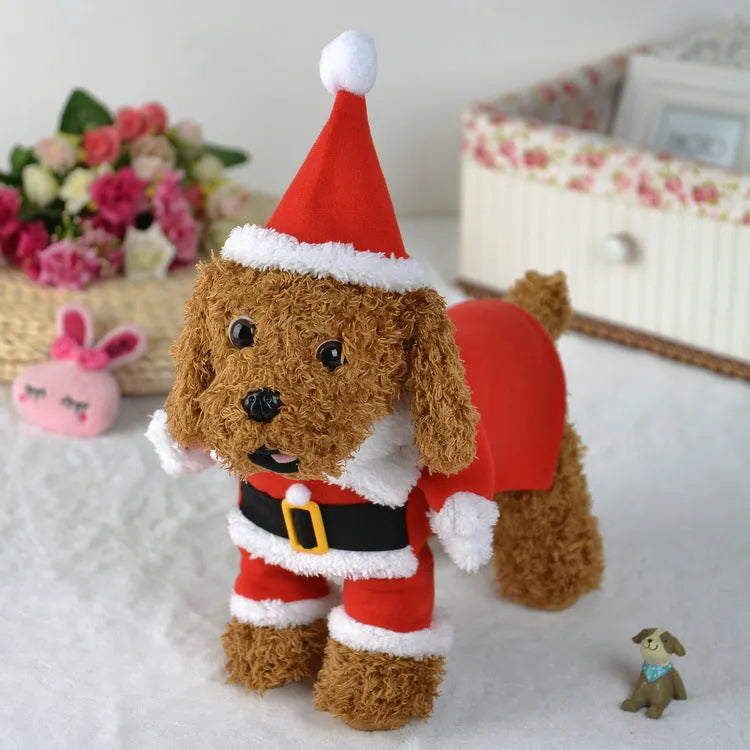 Red polar fleece Santa Claus costume for a small dog or cat, shown on a mannequin.