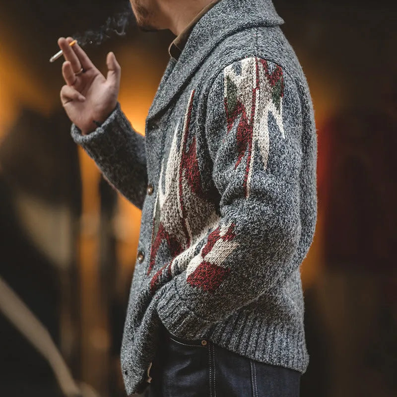 Men's thick polyester fibre lapel cardigan jacket in dark grey, long sleeves, casual front view