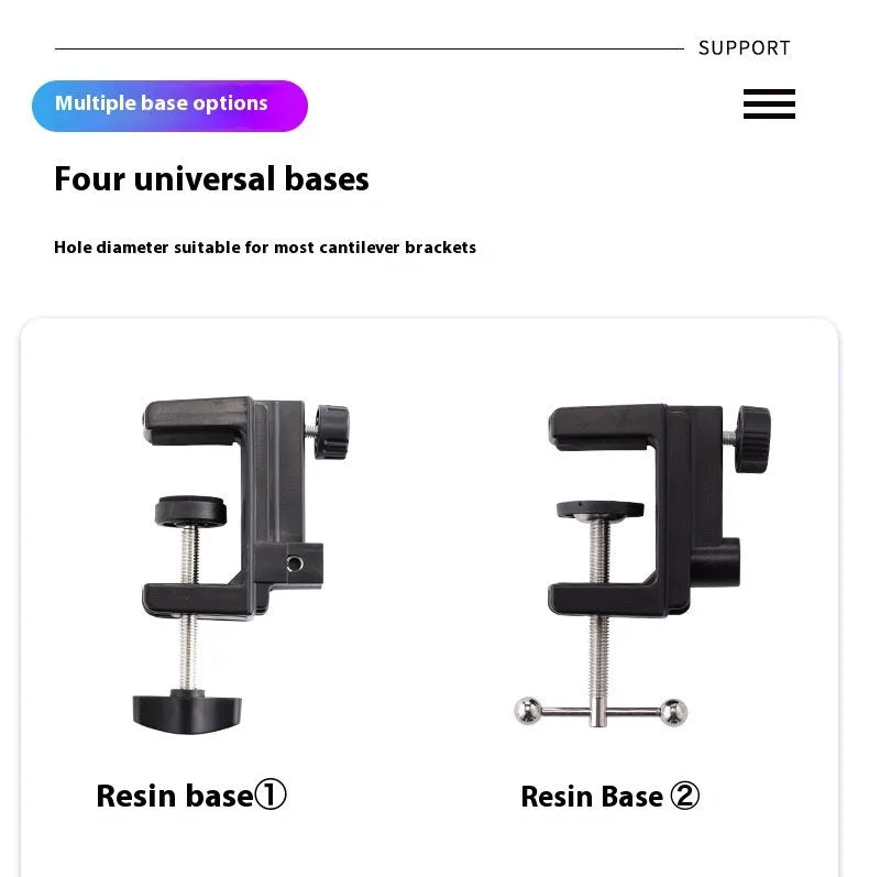 Black foldable metal desktop cantilever bracket holding a tablet, showing multi-angle adjustment.