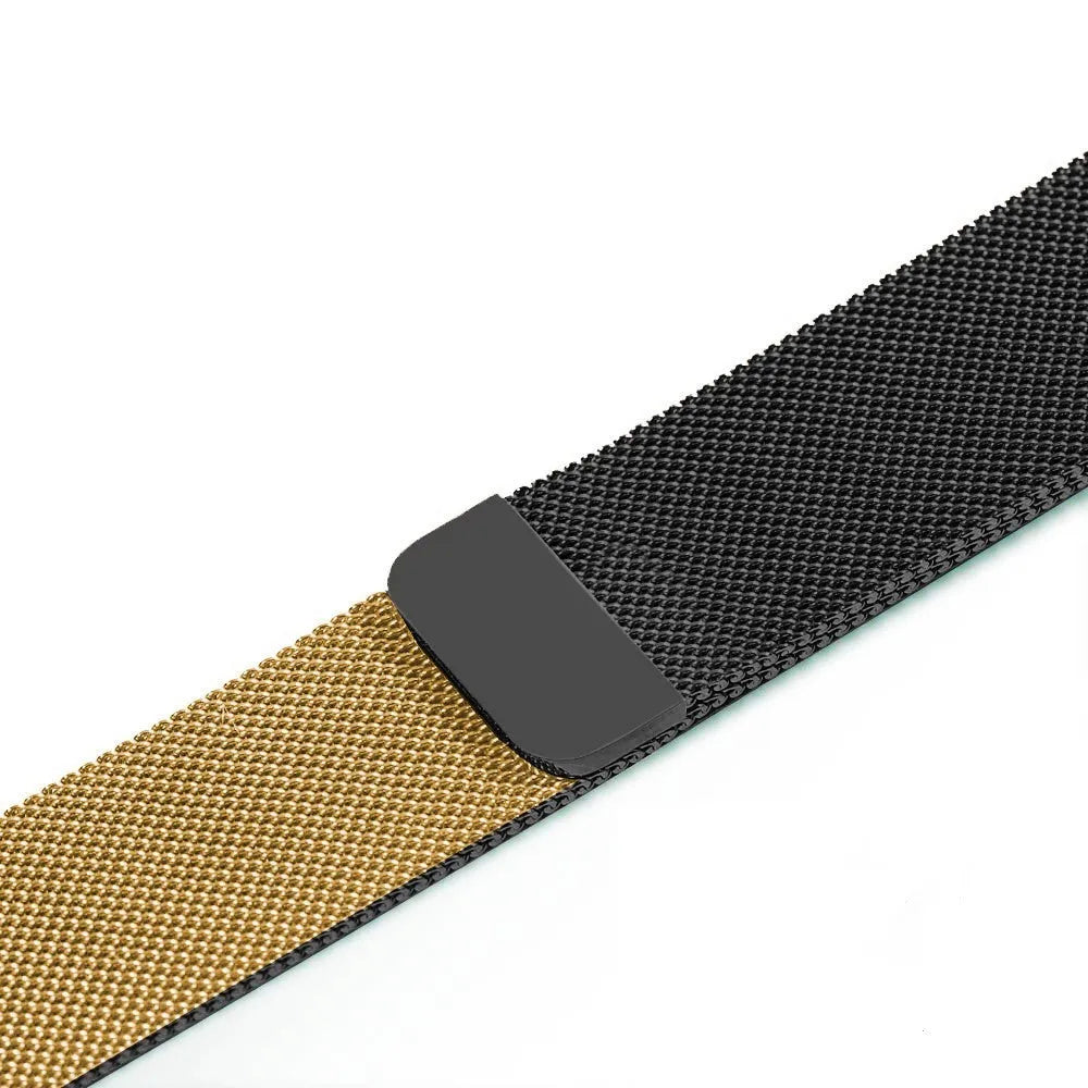 Stainless steel metal link bracelet strap for Apple Watch in silver, black, gold, and rose gold.
