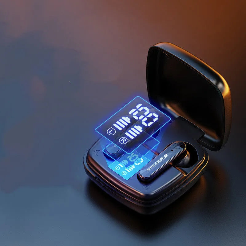 Wireless Bluetooth earphones in black or white with semi-in-ear bilateral stereo design and battery display