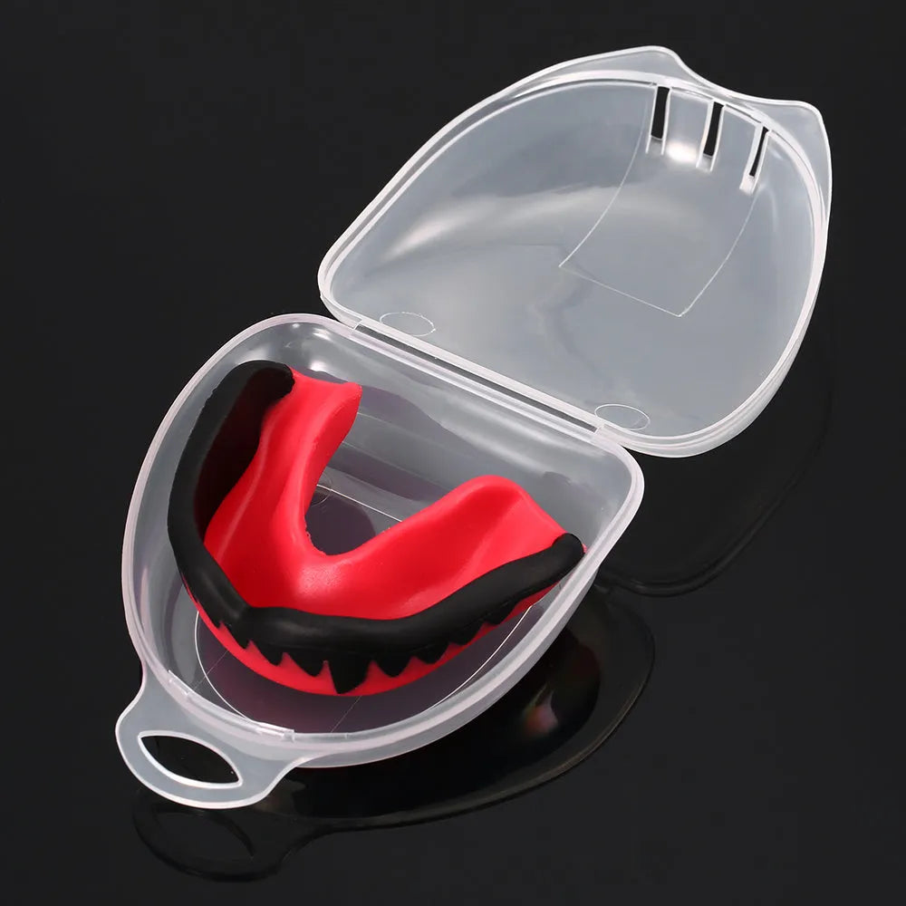 Adult boxing mouthguard with box, food grade EVA mouldable teeth guard in black, red, blue, green, white, 6.5 x 4.6cm