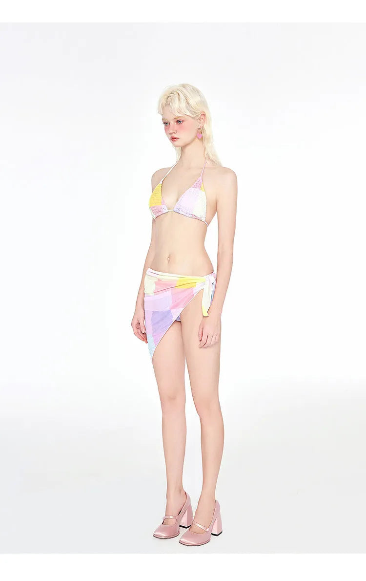 Rainbow pink women's triangle bikini swimsuit three piece set with wireless cups