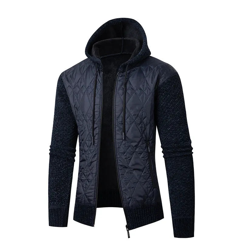 Men's grey hooded corduroy sweater coat with cinched waist and cardigan style