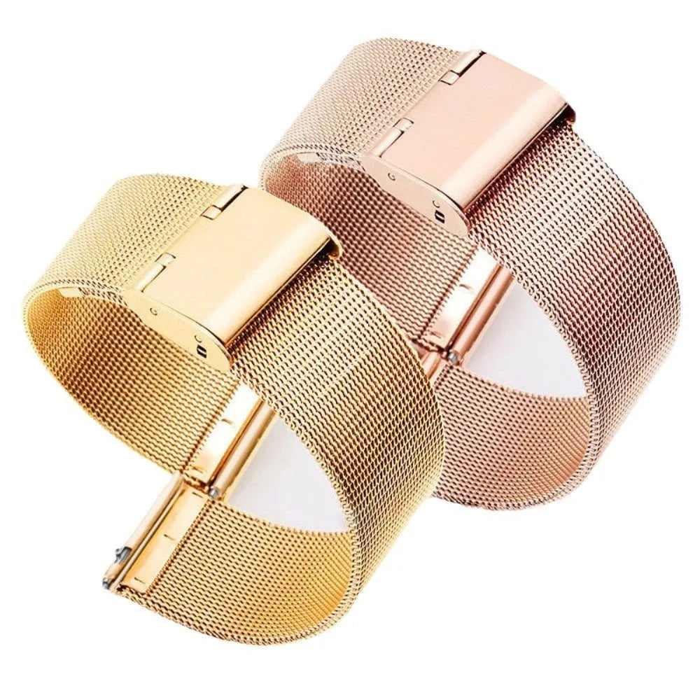 Milani woven stainless steel watch band in silver, black, rose gold, or gold with six bandwidth size options