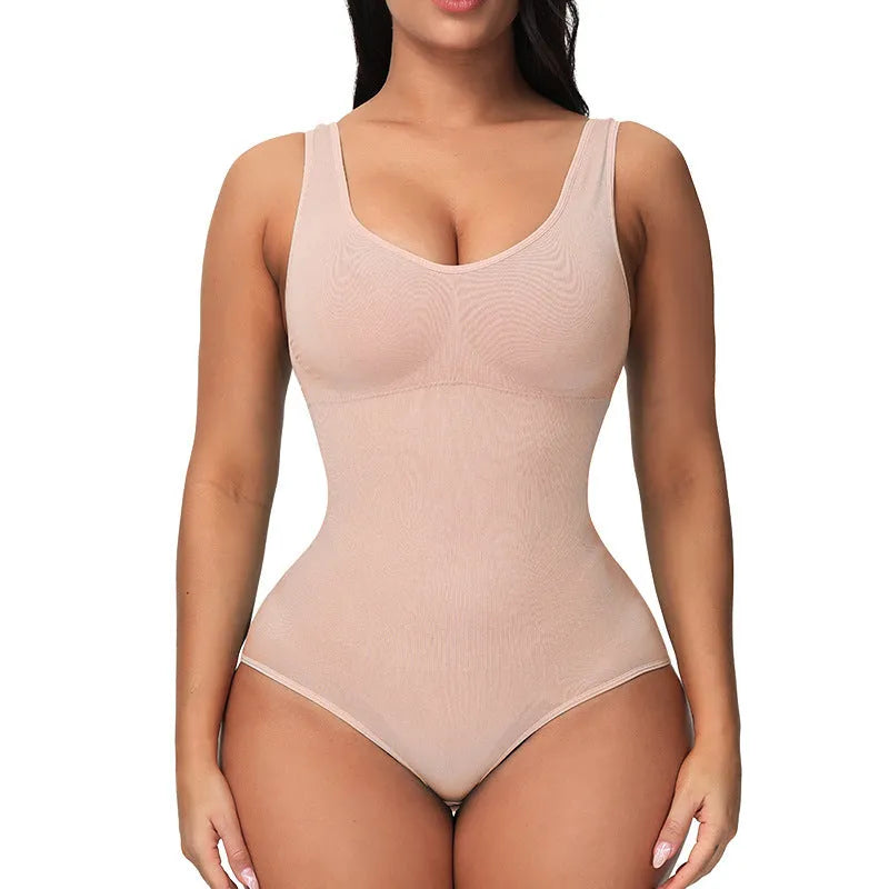 Seamless women's corset bodysuit in nylon fabric with waist support features
