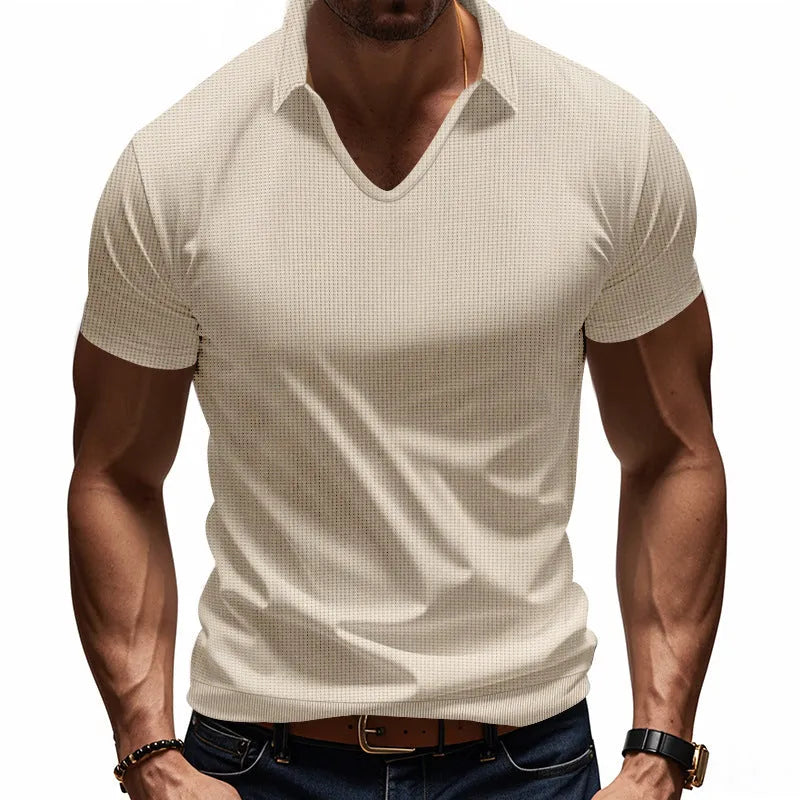 Men's casual V-neck short sleeve shirt in loose fit cotton blend fabric