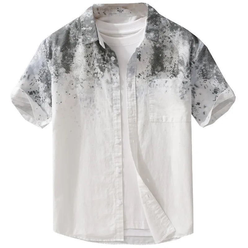 Men's loose-fit grey short-sleeved cotton shirt on a hanger
