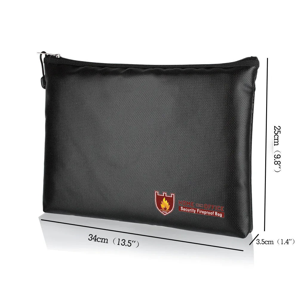 Black fire-proof contract document bag with adjustable internal compartments shown in three size options
