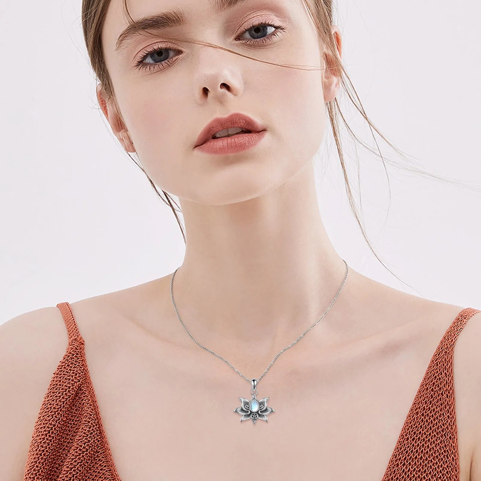Sterling silver moonstone lotus flower pendant necklace on a calendered O-chain with retro silver finish