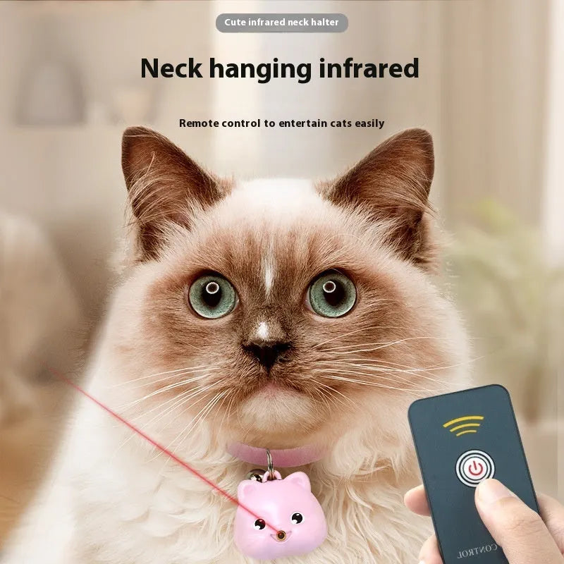 Rechargeable remote control cat infrared halter collar toy with adjustable strap, shown in pink and blue colour options