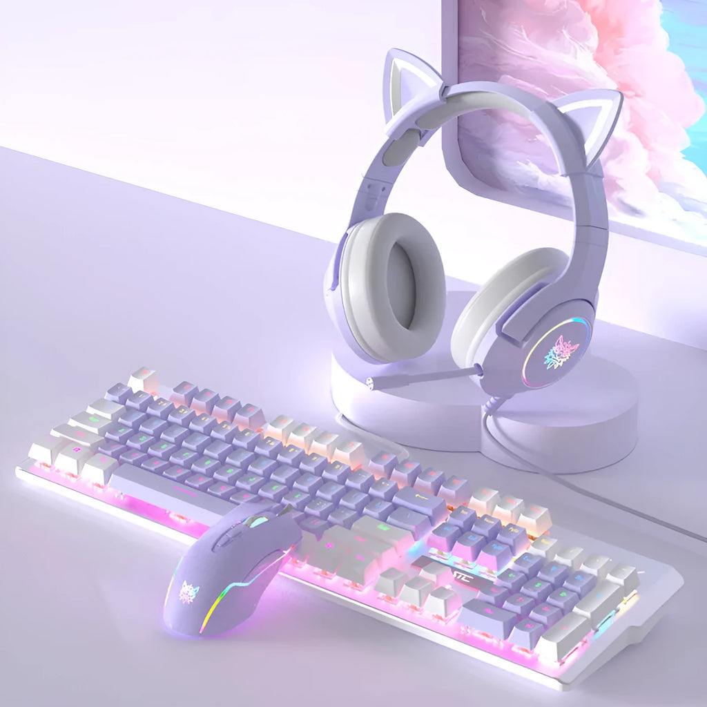 Purple and white mechanical keyboard and mouse combo with backlight illumination and headphones