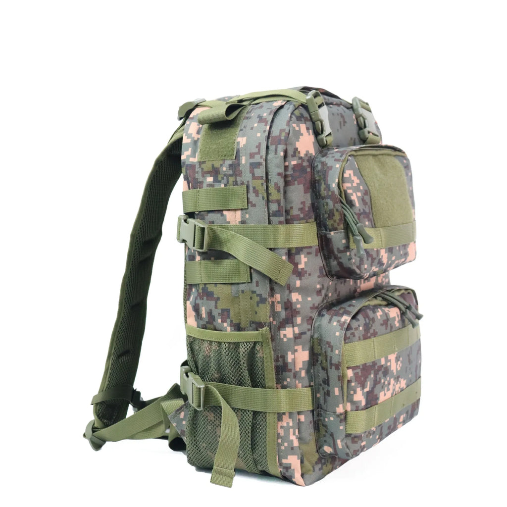 Men's camouflage outdoor waterproof backpack with expansion feature and air pillow belt