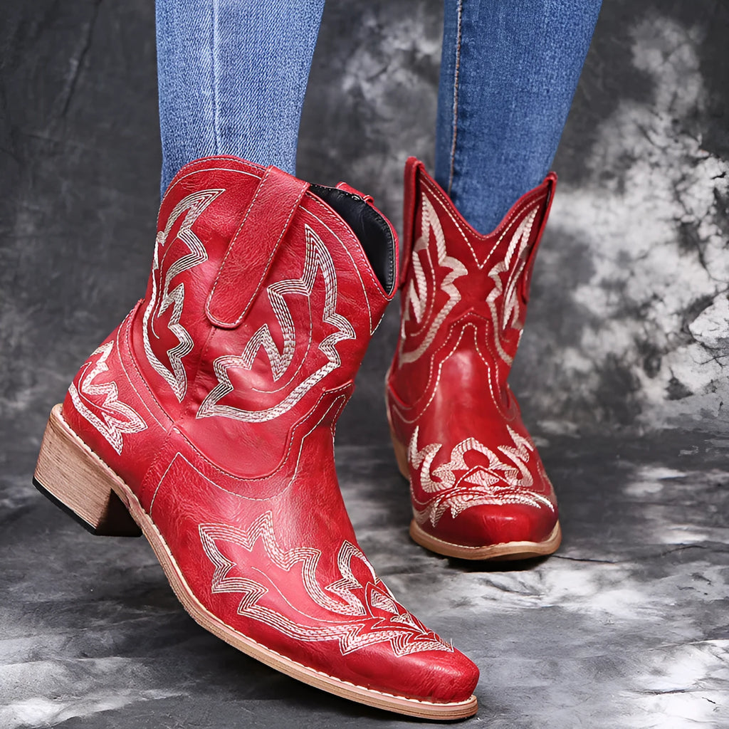 Blue women's Western cowgirl boots with embroidery detail, low wedge heel, and pointed toe.