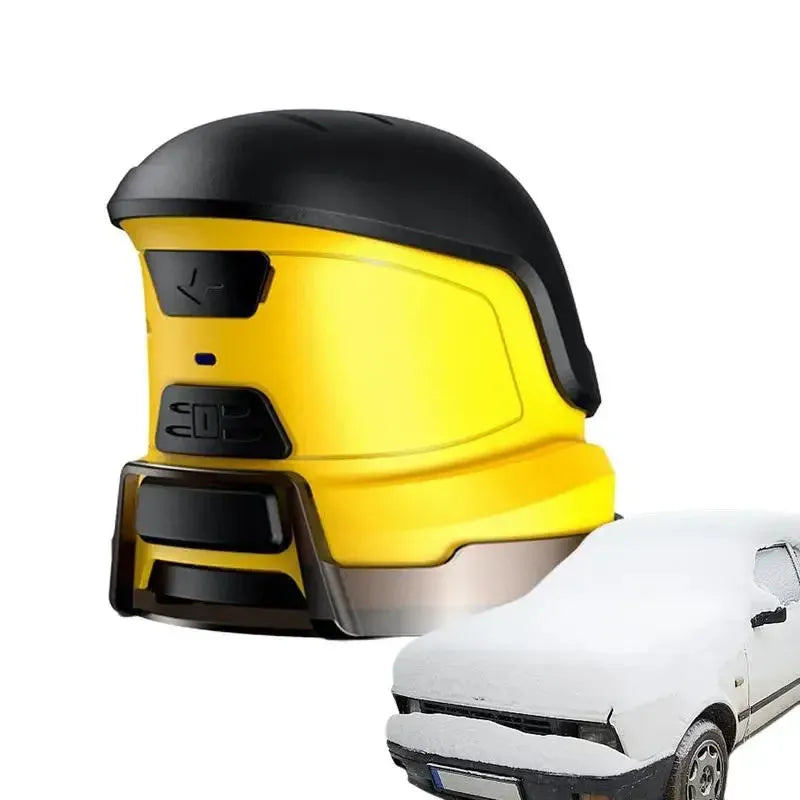 Yellow cordless electric ice scraper with funnel-shaped head next to a USB charging cable.