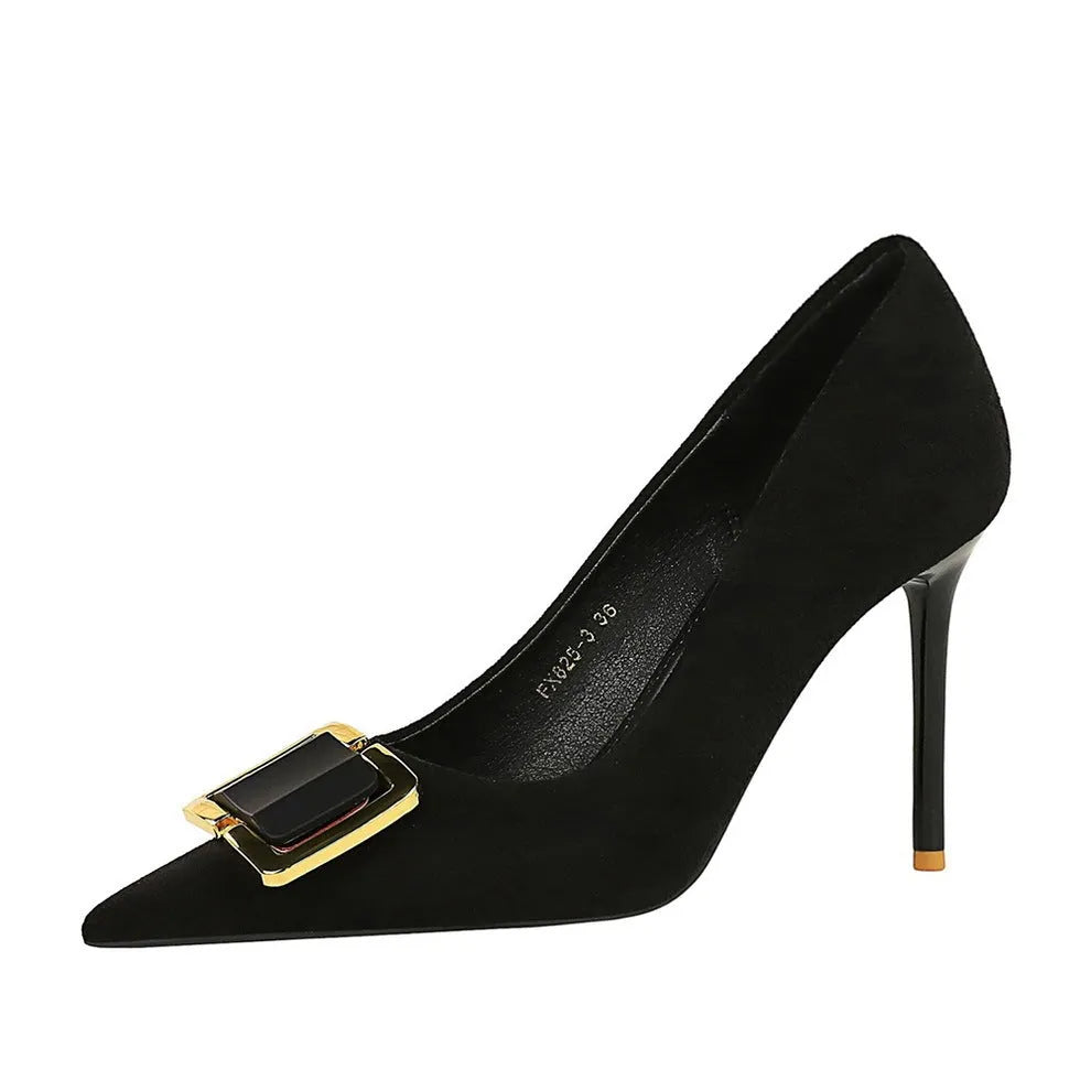 Black suede women's stiletto high heels with a pointed toe and a 9cm heel.