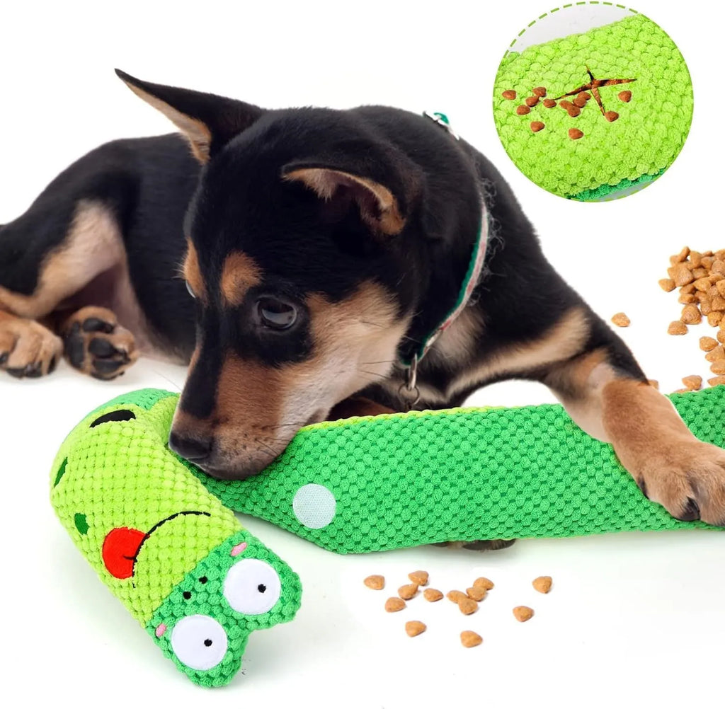 Interactive squeak and snuffle dog puzzle toy in frog, snail, or snake plush designs