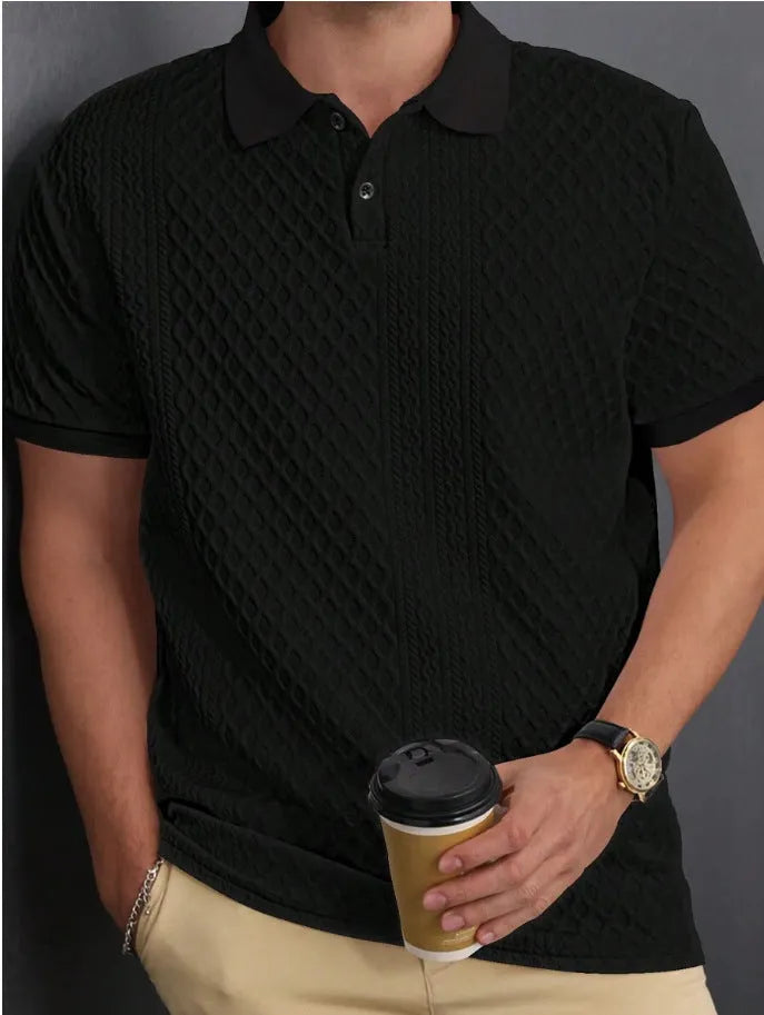 Jacquard fabric button placket polo shirt in olive green, cotton blend, sizes S to XXL