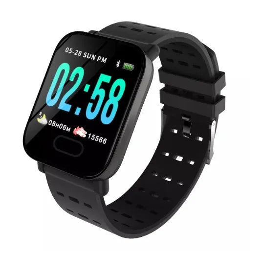 A6 colour screen smart bracelet in blue, black, or orange with silicone strap on wrist.