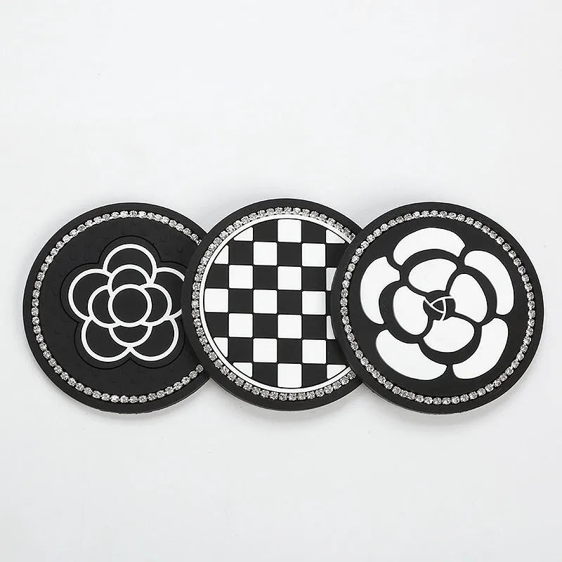 Universal car cup holder mat in PVC plastic with non-slip surface showing four pattern options
