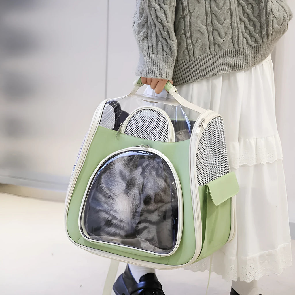 Portable foldable pet bag in solid colour, medium capacity, made from PU and PVC, available in blue green pink gray white