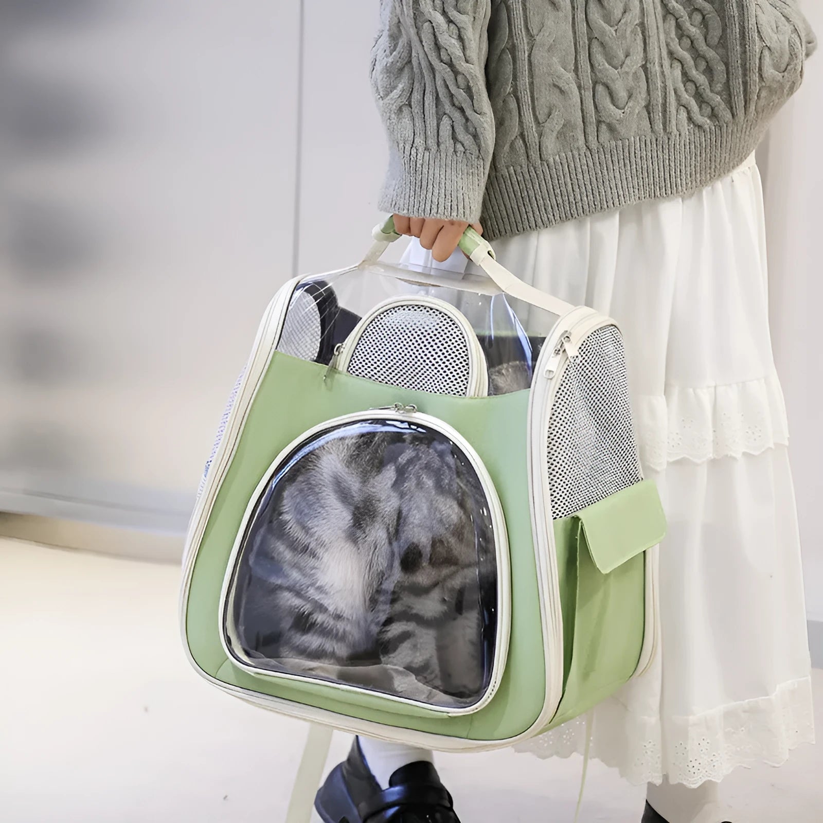 Portable foldable pet bag in solid colour, medium capacity, made from PU and PVC, available in blue green pink gray white