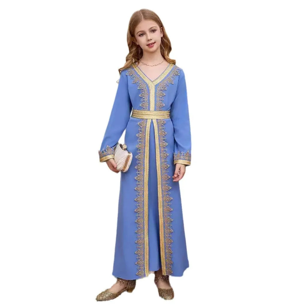 Girls lace V-neck dress in ice blue with polyester lining, suitable for 4Y to 12Y