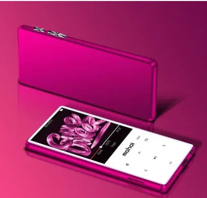 Silver ultra-thin portable MP3 player with a 2.4-inch touchscreen displaying a music interface.