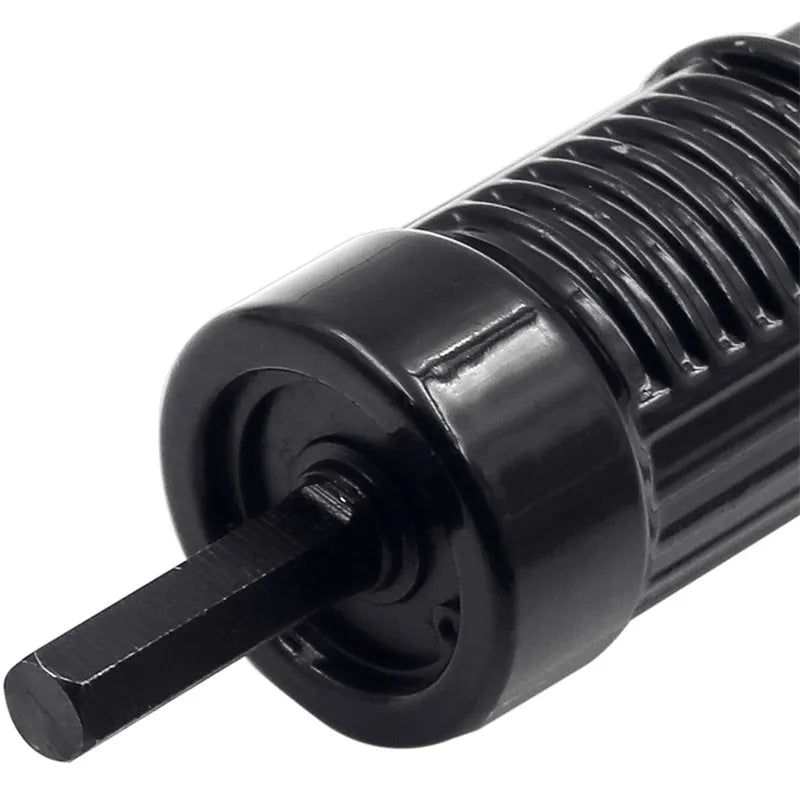 Black metal electric drill rivet gun with alloy steel forged head, 173mm long, shown with handle, wrench, and rivet heads.