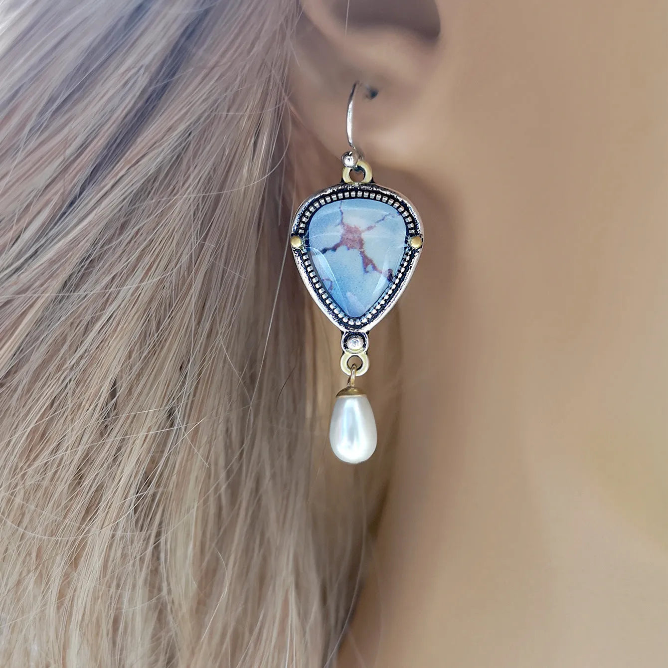 Retro blue geometric drop earrings for women with synthetic opal stone and white pearl.