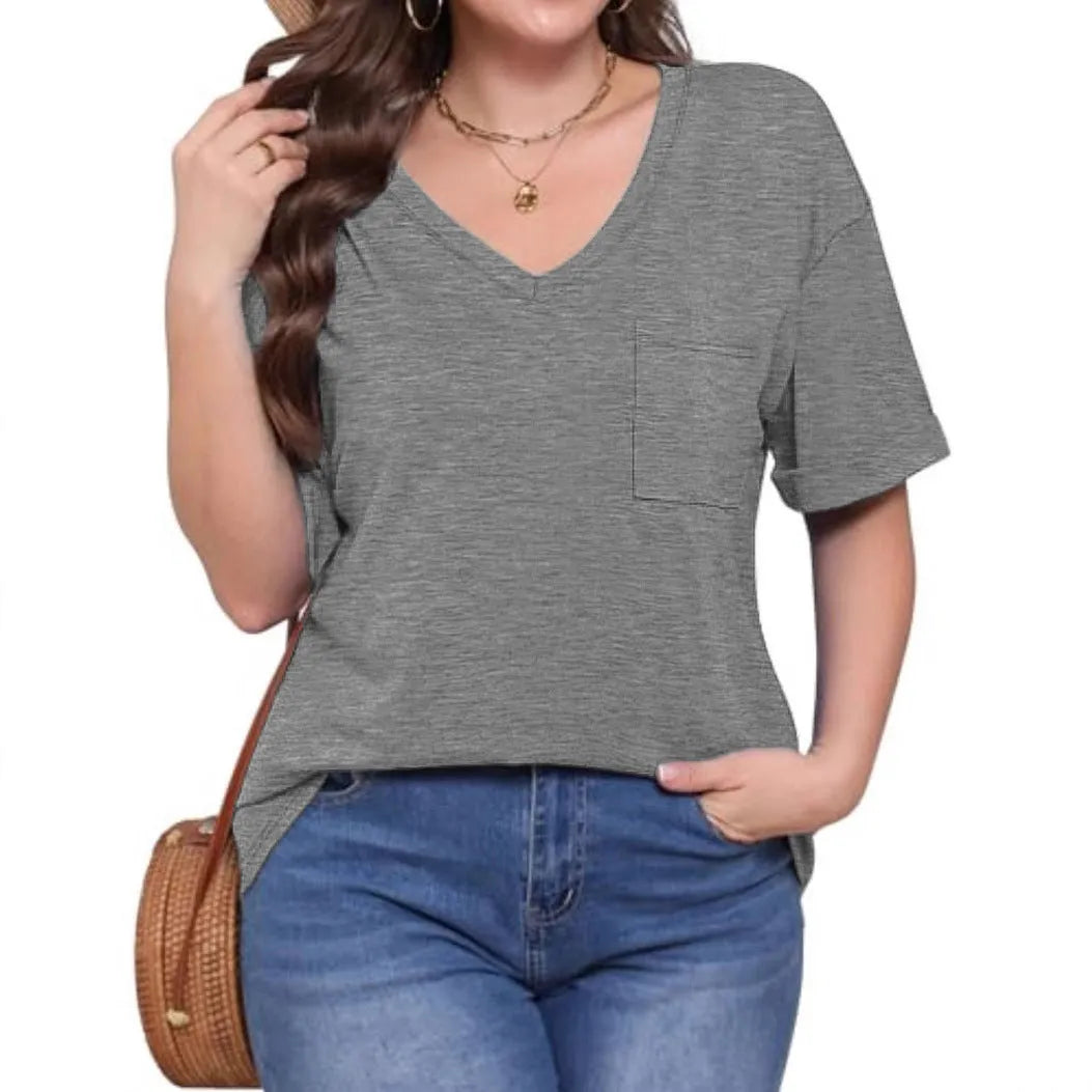 Grey loose-fit V-neck T-shirt with a chest pocket on a solid background
