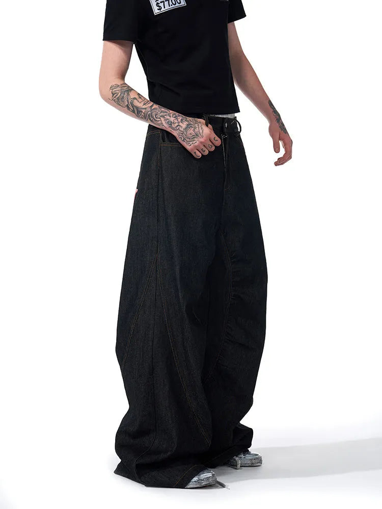 Black wide-leg jeans with temperature-sensitive embroidery on red ears, Korean loose straight style