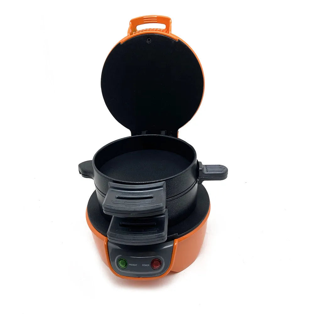 Mechanical breakfast machine in silver grey with two baking trays and egg cooking ring