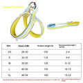 Lightweight dog harness and 1.4-metre walking rope set in various colours on a size chart
