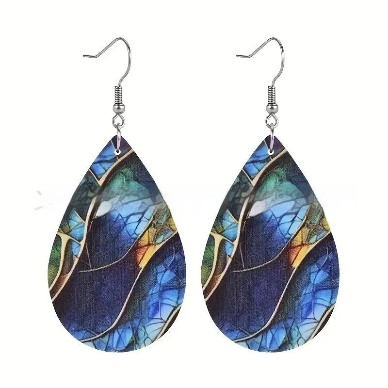 Acrylic drop earrings with geometric branch knot design and printed pattern details