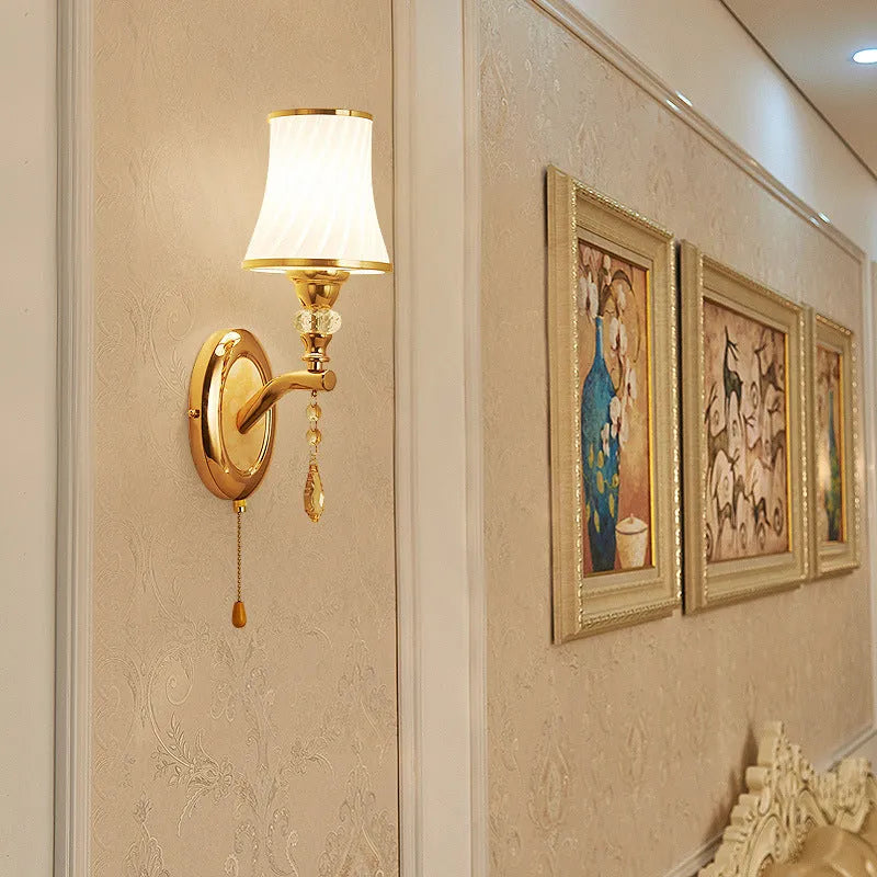 European style wall lamp with glass lampshade, available in single or double head configurations for bedroom or sitting room