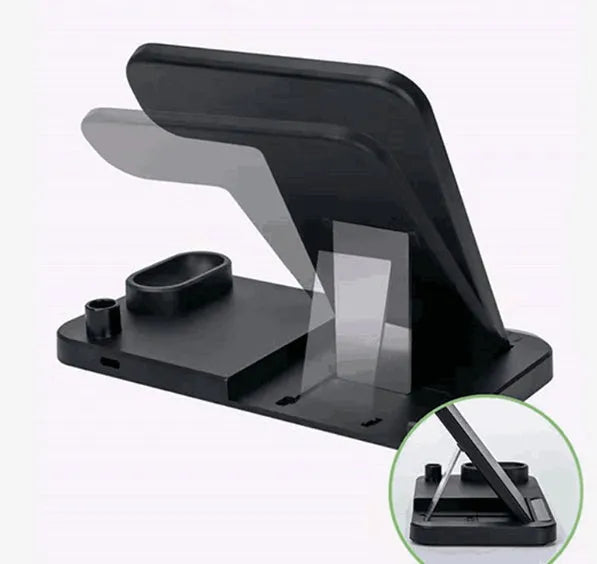 White 4-in-1 wireless charging station with phone on adjustable stand, Apple Watch, AirPods and Apple Pencil charging.
