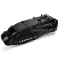Black waterproof PVC bicycle tail bag mounted on a bike rack.