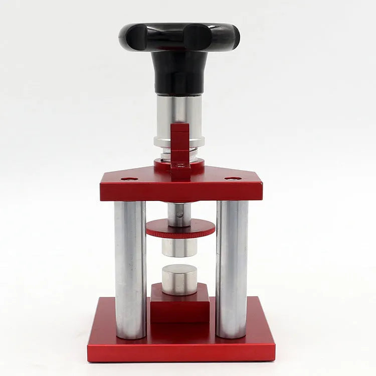 Watch repair spiral cap presser device with a set of 20 plastic moulds for sealing watch back covers.