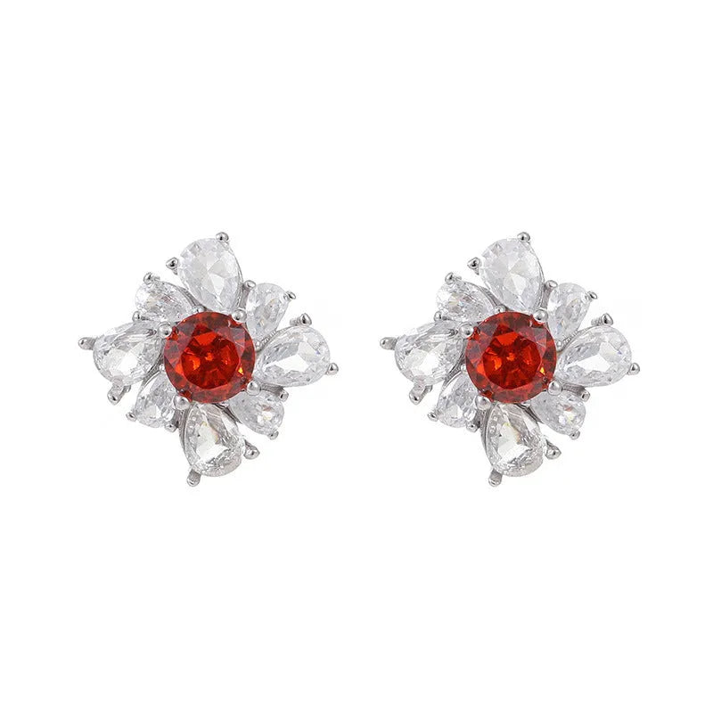Retro geometric 925 silver earrings with white gold electroplating and pigeon red accents