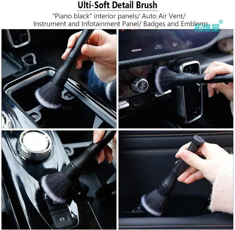 Black car detailing brush with super soft pig hair bristles and PP handle for auto interior cleaning