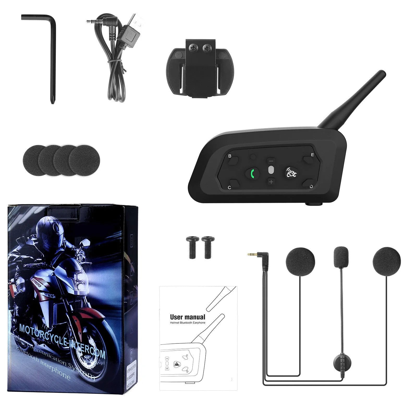 V6pro motorcycle helmet Bluetooth intercom unit with mounting hardware