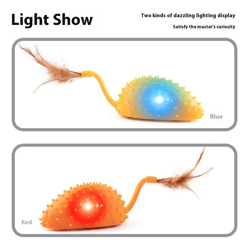 Remote control silicone mouse cat toy with feather attachment in cyan, orange, or yellow colours