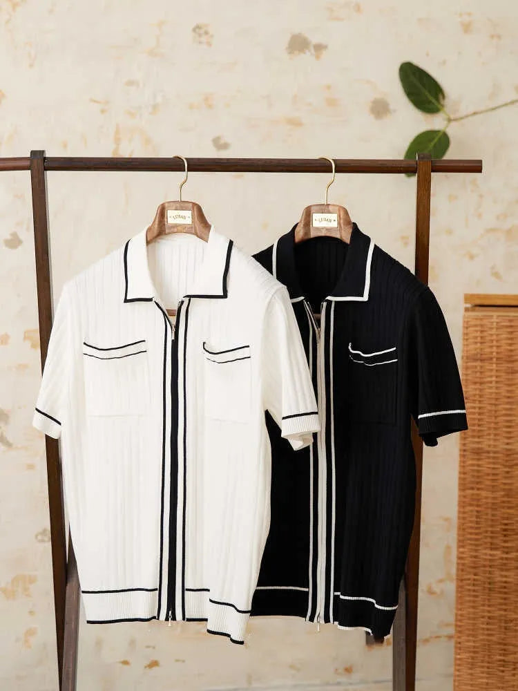 Slim fit short sleeve polo shirt with a lapel collar in black and white colours