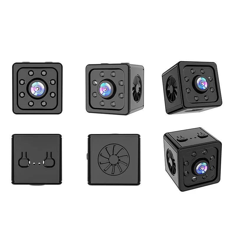 Black cubic K13 HD network sports camera with mounting bracket and data cable.