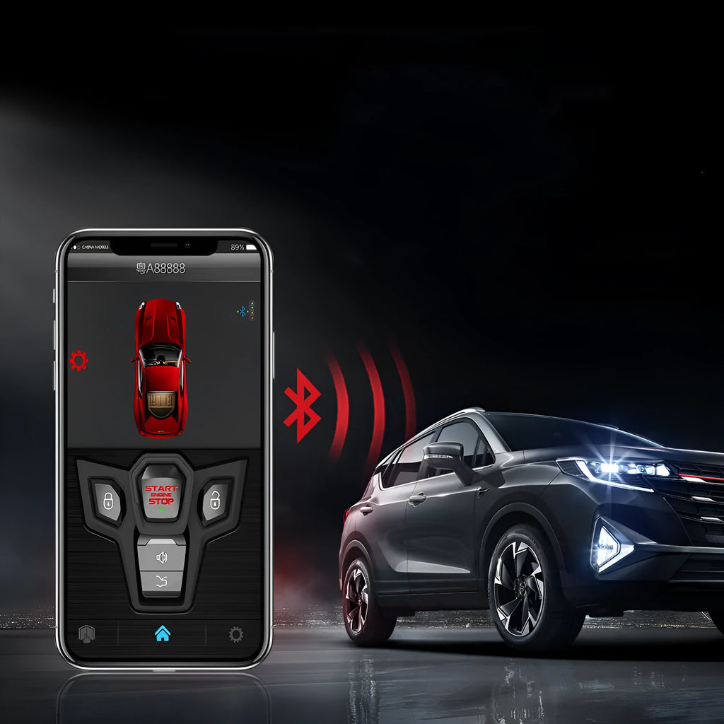Red and black remote control car alarm system with two remotes for 3000m range security.