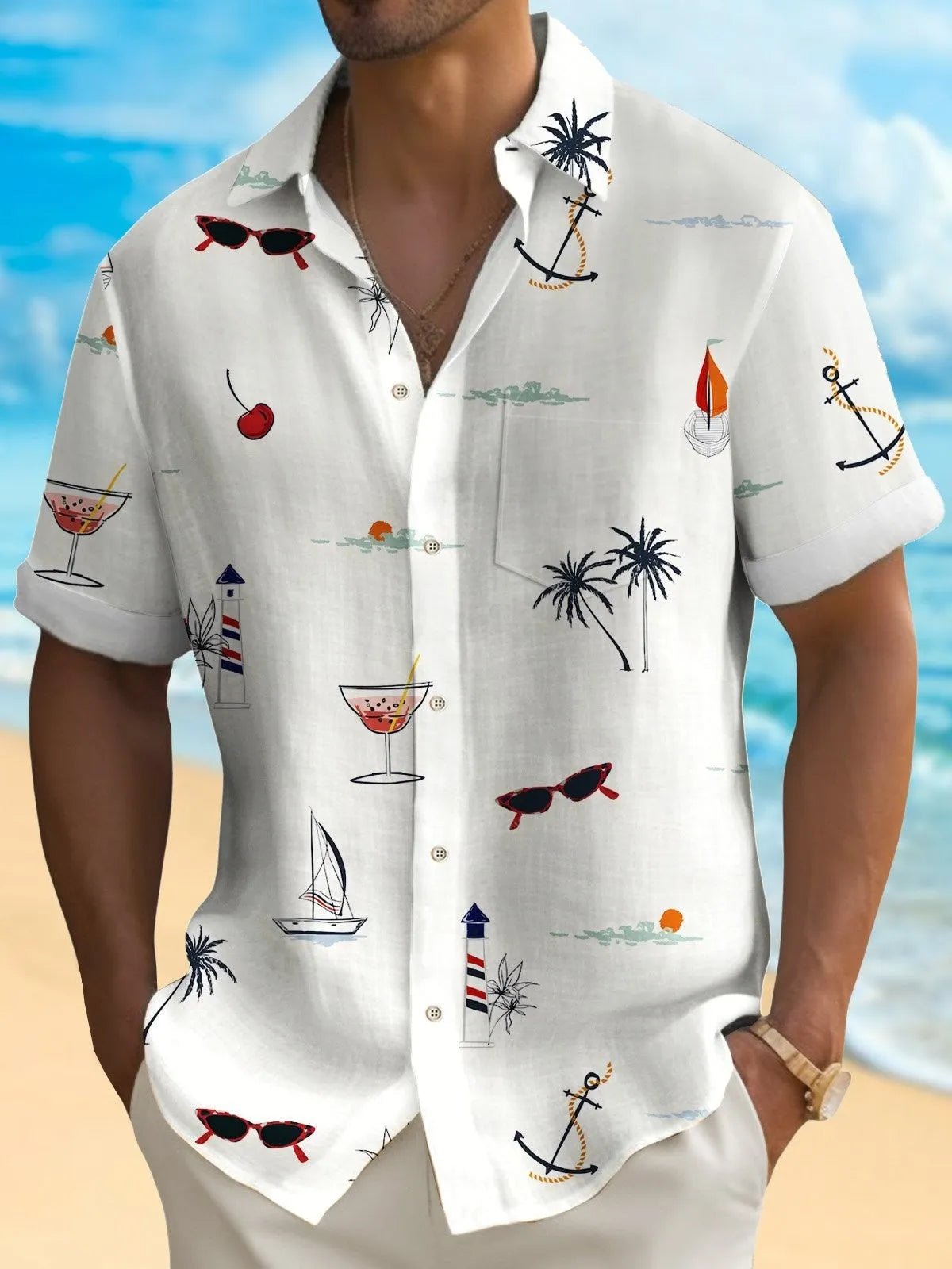 Man wearing a loose-fit short-sleeve Hawaiian shirt with a vibrant digital print pattern.