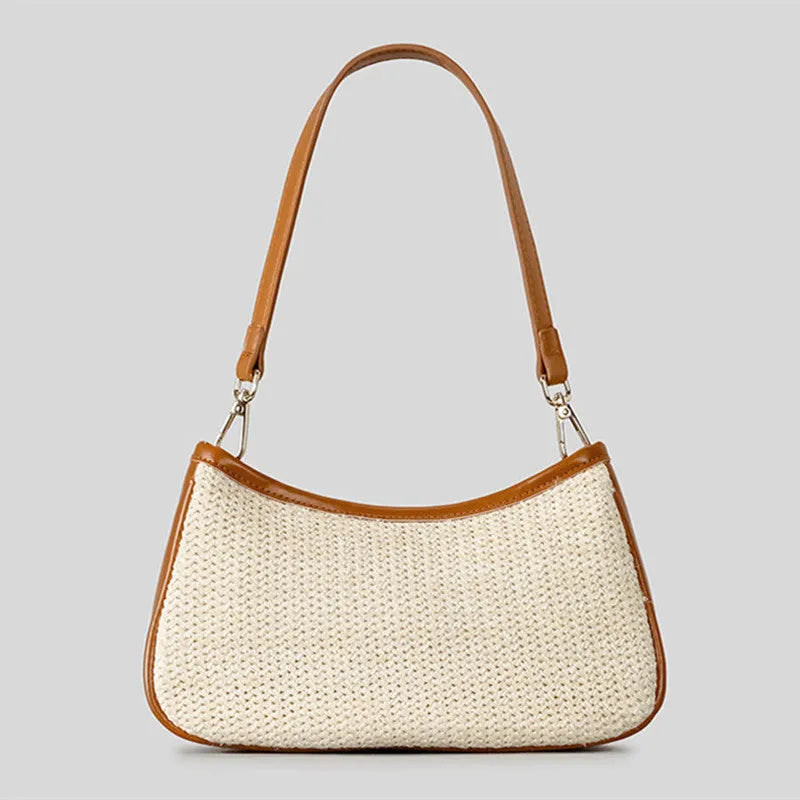 Khaki hand-woven straw crossbody bag with a single strap and contrasting detail.