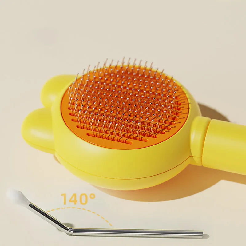 Self-cleaning pet grooming brush with stainless steel comb and comfort-grip handle in multiple colours